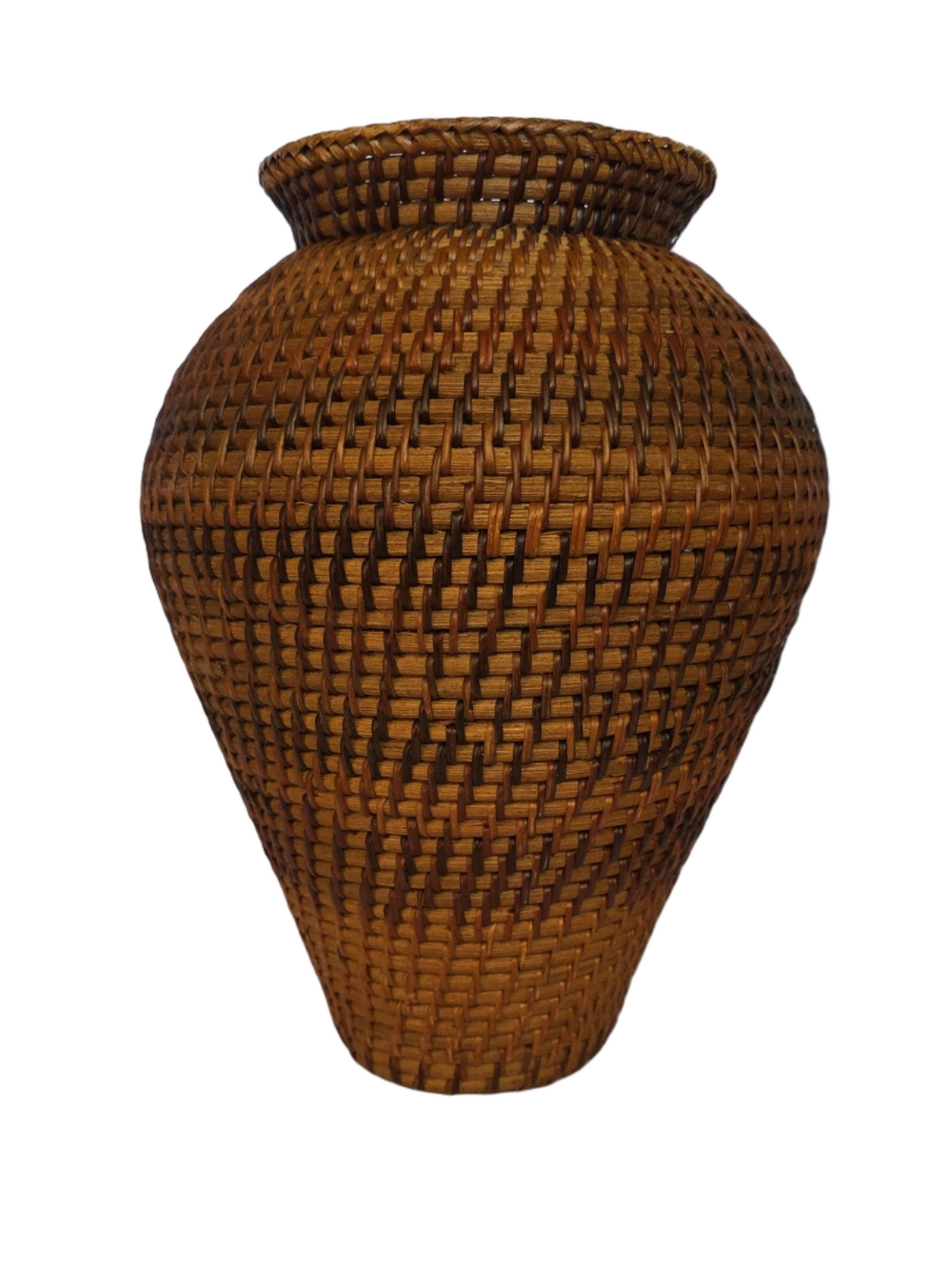 Vintage Hand-Woven Rattan Vase - Two-Tone Brown & Tan Wicker Basket 12"H
